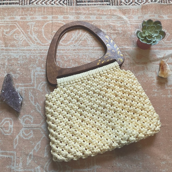 Vintage Handbags - Vintage 70s /  Macrame Wood Handle Handbag